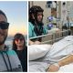 Foto de um casal sorrindo, seguida de outra foto do mesmo casal internados em um hospital